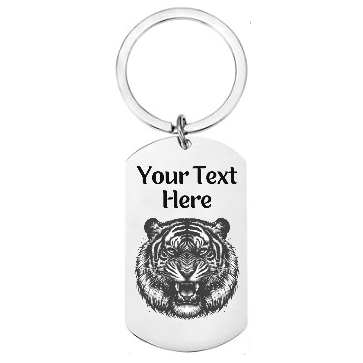 Personalised tiger keyring with custom name on front and engraved message on back