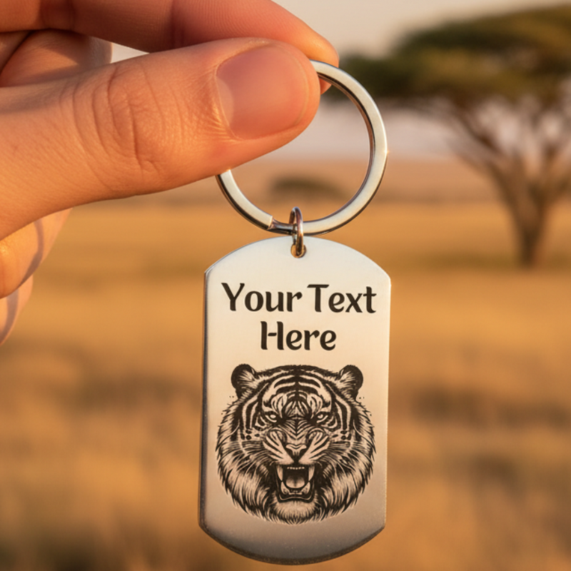 Personalised tiger keyring with custom name on front and engraved message on back