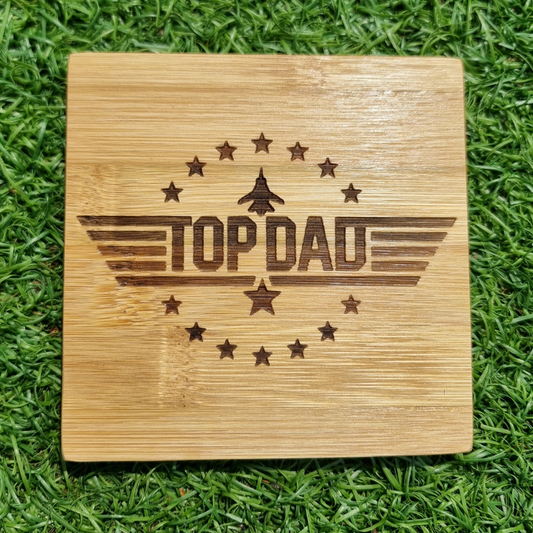 Top Dad laser engraved bamboo coaster with bold aviation wing and star design, unique Father's Day gift for dad