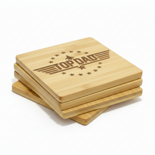 Top Dad laser engraved bamboo coaster with bold aviation wing and star design, unique Father's Day gift for dad