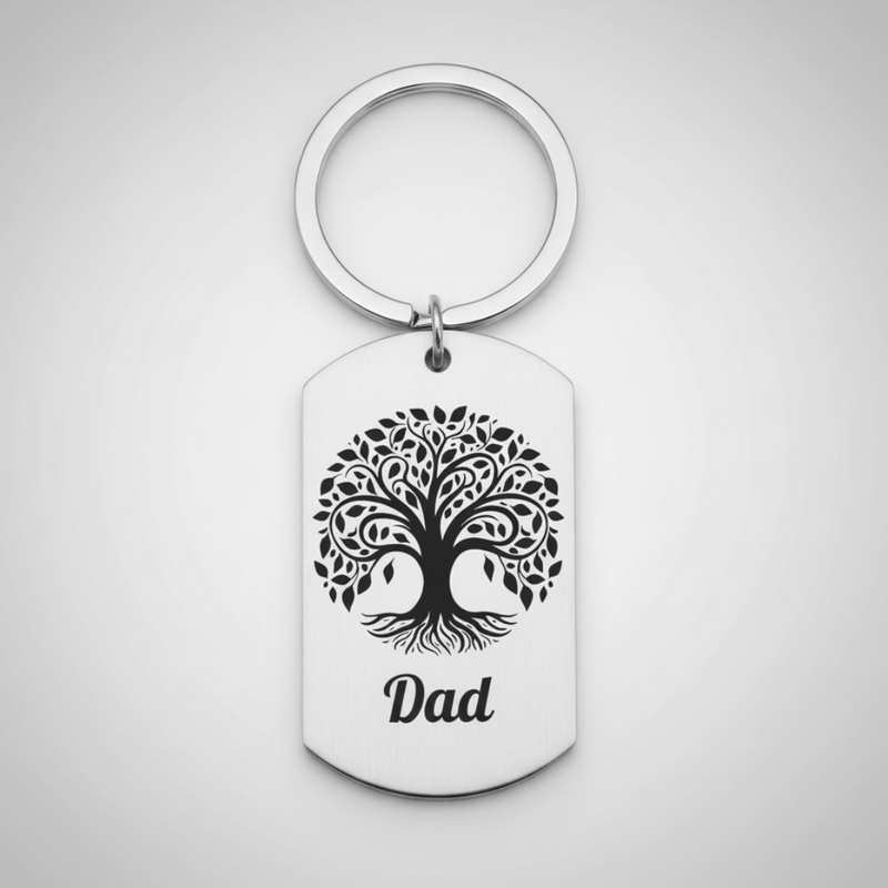 Tree of Life keyring for Dad, laser engraved stainless steel with detailed tree design