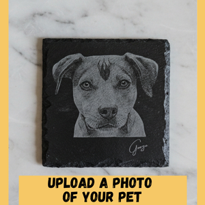 Custom laser engraved slate coaster with sketch pet portrait of a dog and the name George in script