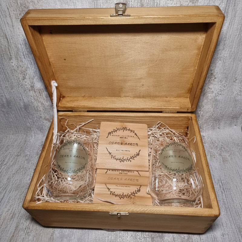 Unique Wedding Gift Box Set, personalised bespoke gift for bride and groom, toast glasses and keepsake box 