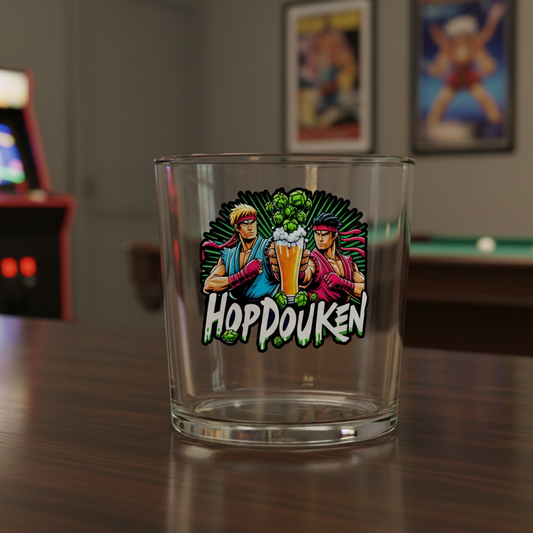 Hopdouken Hops retro gaming beer glass — arcade inspired Allegra Schooner gift by First Glass Designs UK