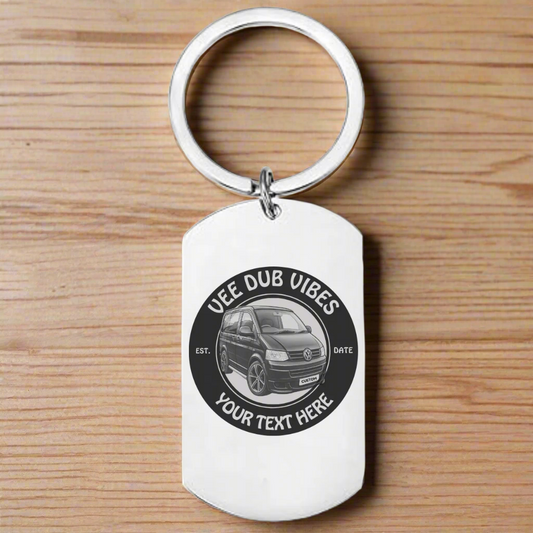 Personalised VW camper stainless steel keyring engraved with custom text, date, and registration plate, with optional message on the back – gift for van owners and enthusiasts