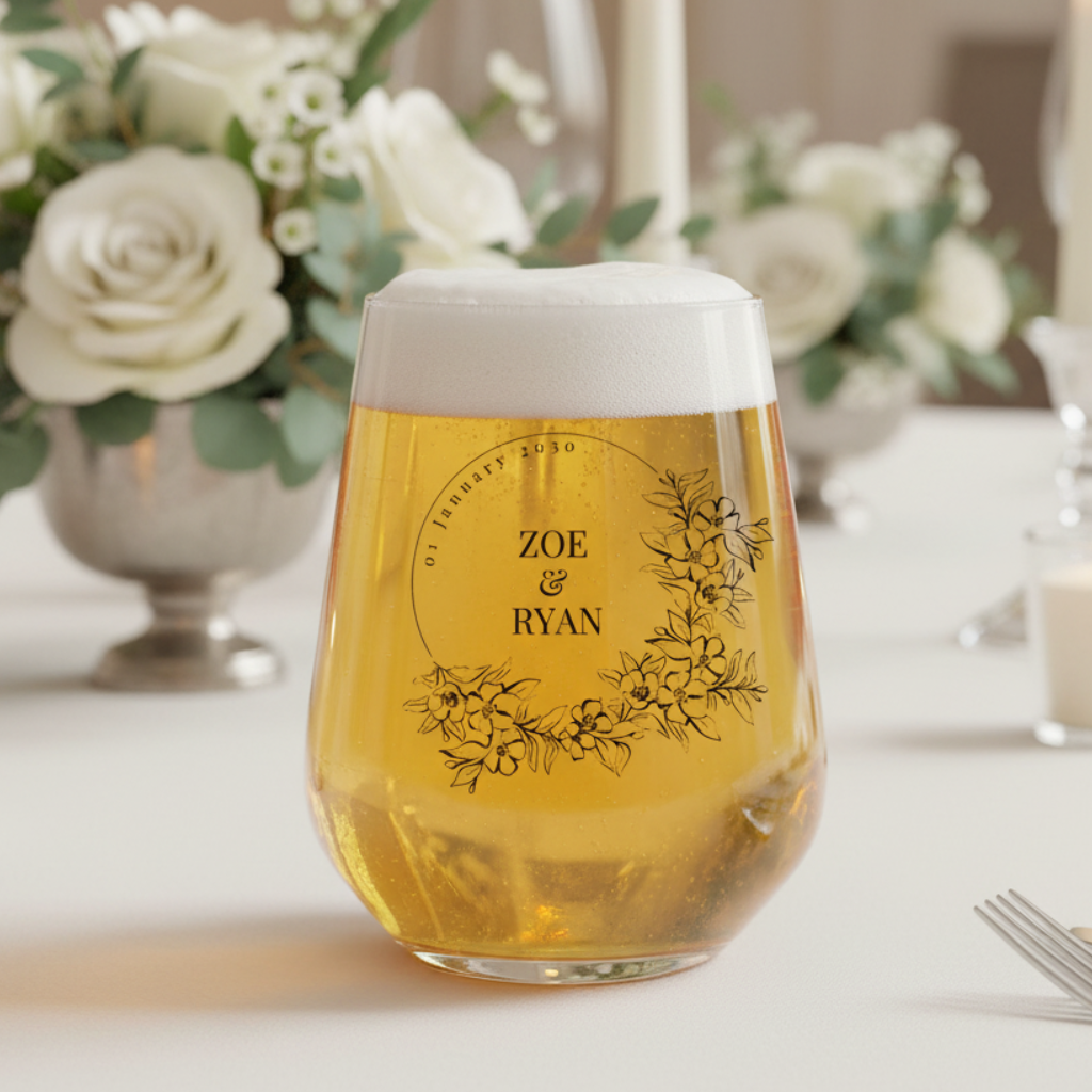 Personalised monogram wreath wedding glass — custom printed with initials, names and date by First Glass Designs