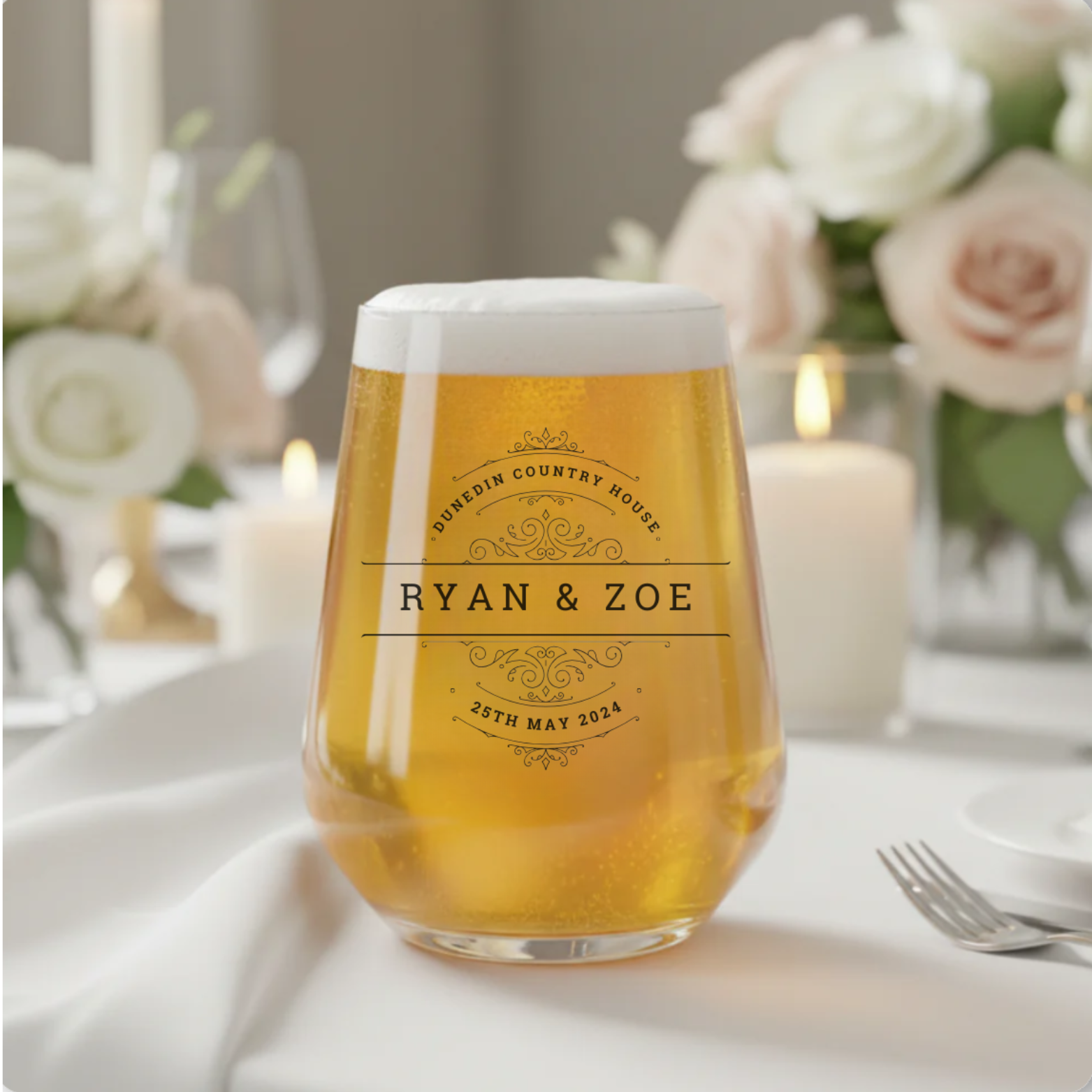 Personalised wedding glass with classic ornate frame design — custom printed with names, venue and date