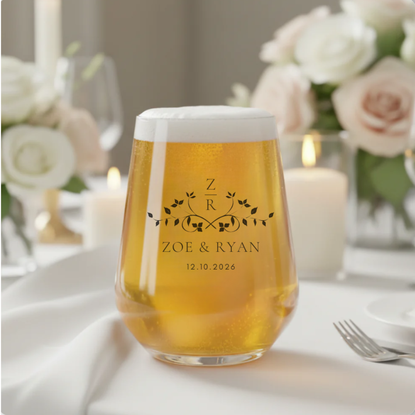 Personalised monogram wedding tumbler glass with infinity botanical design — engraved couple's gift UK
