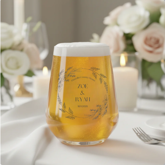 Personalised wedding tumbler glass with wildflower wreath design — printed with couple's names and wedding date