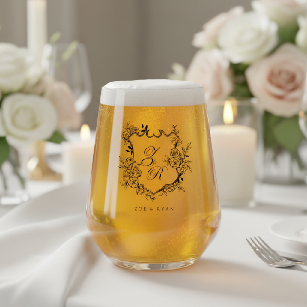 Personalised wedding tumbler glass with rose crest monogram design — custom printed with initials and names by First Glass Designs UK