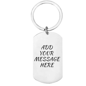 White keychain with 'Add Your Message Here' text on a white background