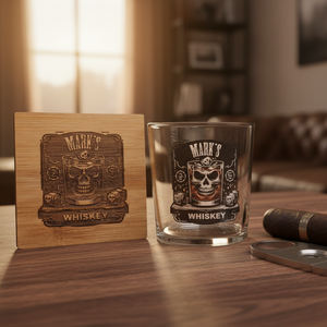 Close-up of personalised Tubo whiskey glass and bamboo coaster from gift set for him