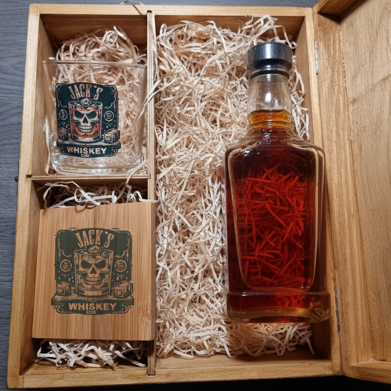 Personalised whiskey gift set for him — Tubo tumbler with custom name print, wooden presentation box and protective straw packaging
