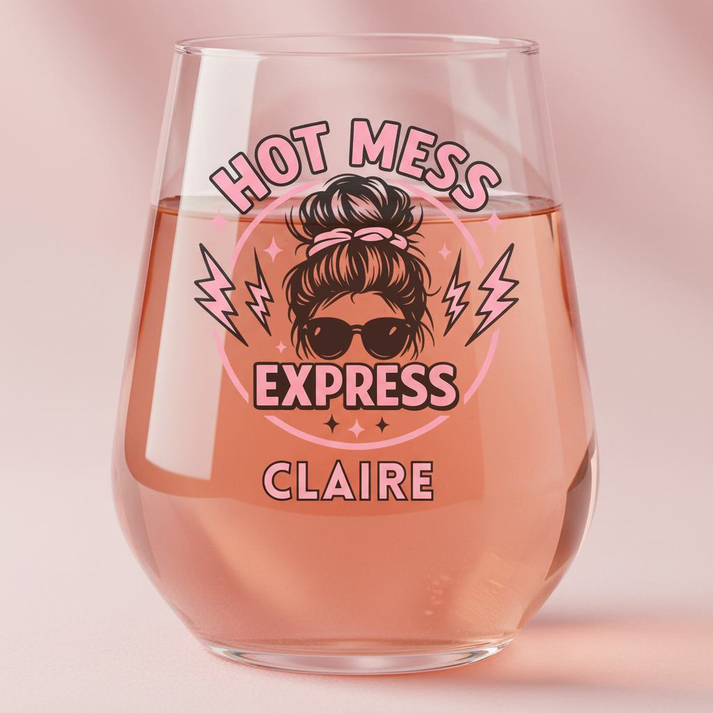Personalised Hot Mess Express ink printed wine glass featuring a messy bun mum illustration with custom name, funny gift for mums