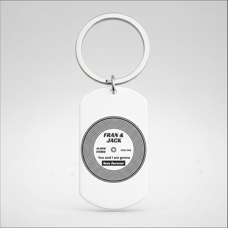 Personalised Vinyl Record Keyring | Names & Song, Engraved First Glass Designs