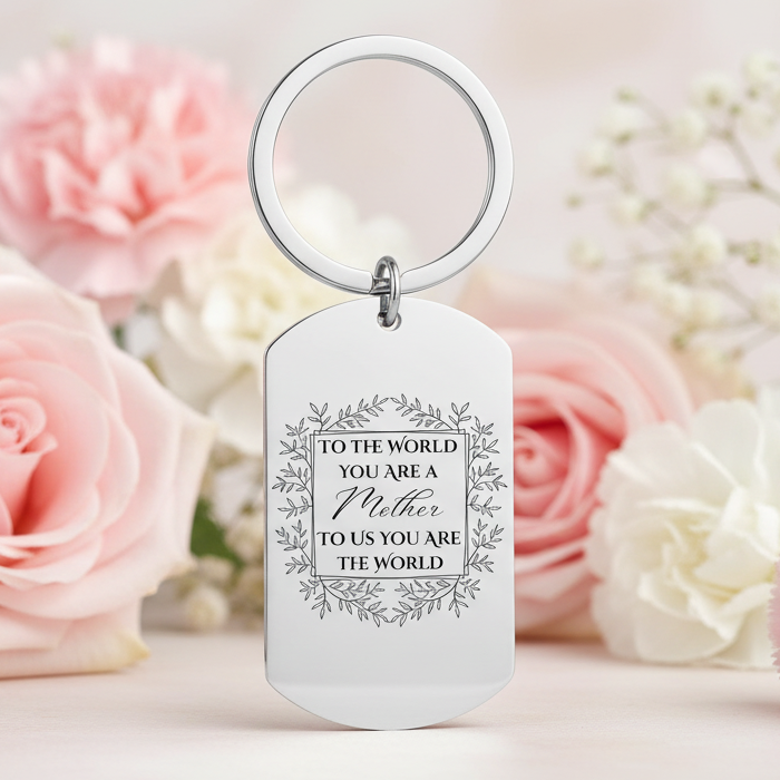 Laser engraved stainless steel keyring with the quote “To the world you are a mother but to us you are the world”, personalised Mother’s Day gift for Mum.
