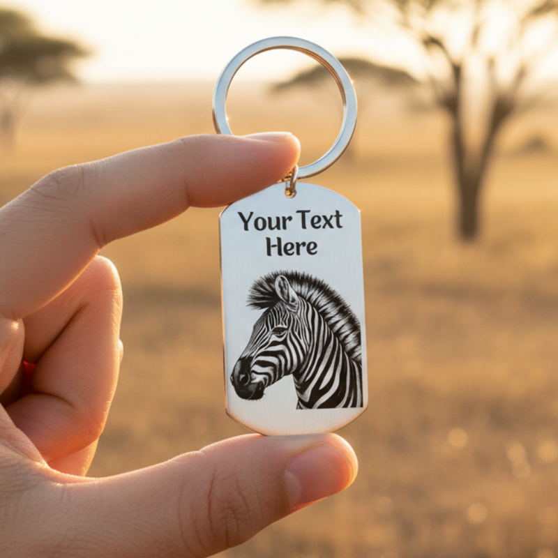 Personalised zebra keyring with custom name on front and engraved message on back