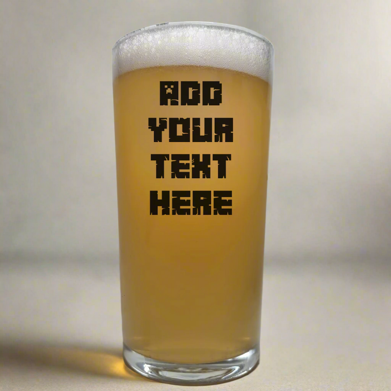 Customisable pint beer glass with bold gaming font – add your own ink printed text – perfect dishwasher-safe gift for gamer dads