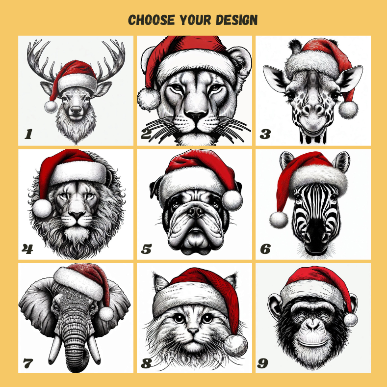 Grid of animal portraits wearing Santa hats on a yellow background with text 'Choose Your Design'.