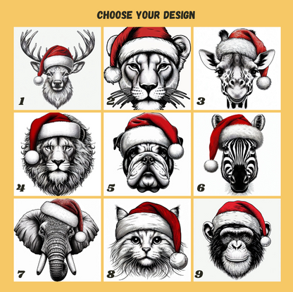 Grid of animal portraits wearing Santa hats on a yellow background with text 'Choose Your Design'.