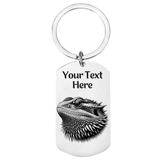 Stainless steel keyring with bearded dragon design and personalised engraving