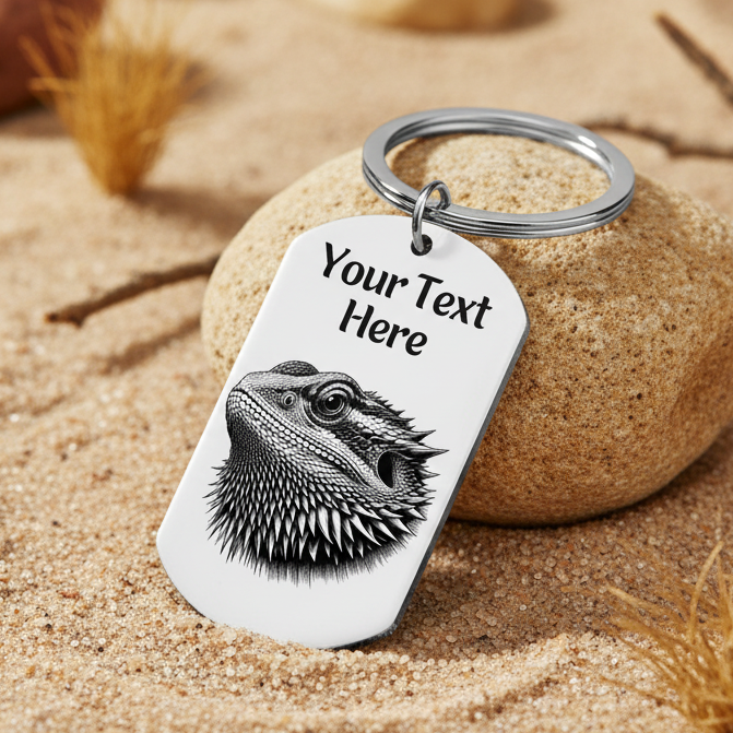 Stainless steel keyring with bearded dragon design and personalised engraving