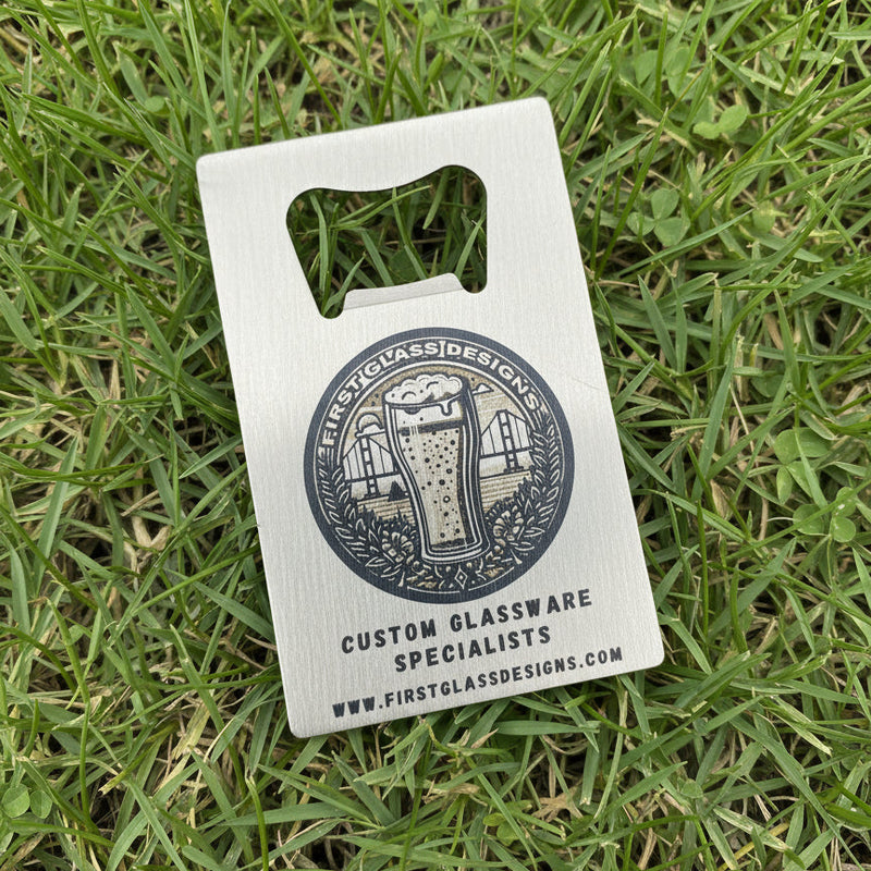 stainless steel bottle opener with a logo