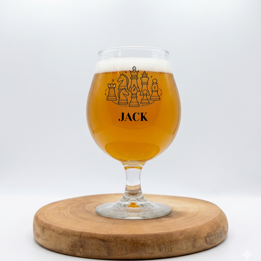 Personalised chess stemmed beer glass custom printed with full 
panoramic chess piece illustration and personalised name displayed 
on a wooden board with white background