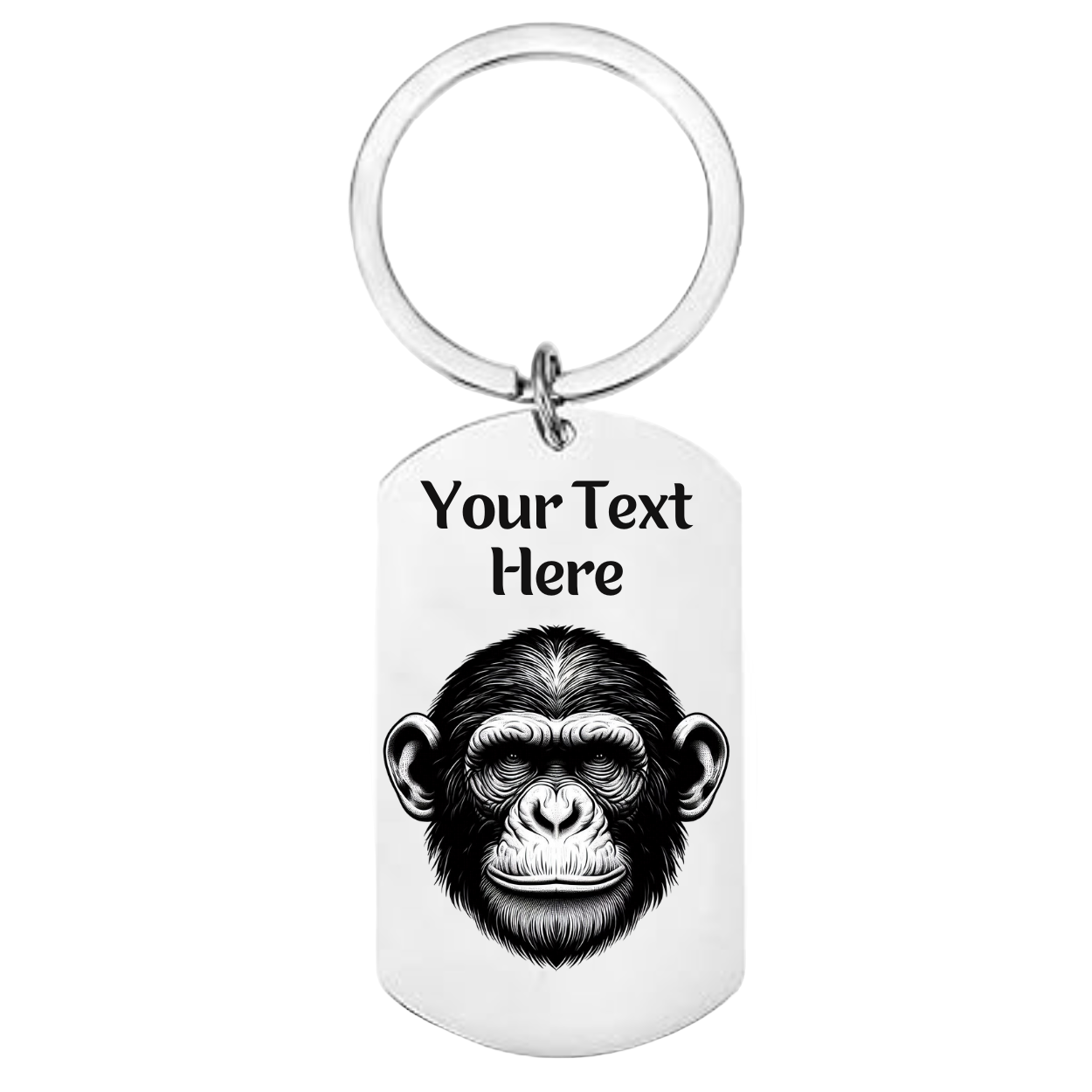 Stainless steel keyring with engraved chimp design and personalised text