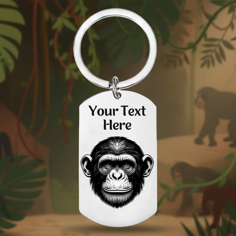 Stainless steel keyring with engraved chimp design and personalised text