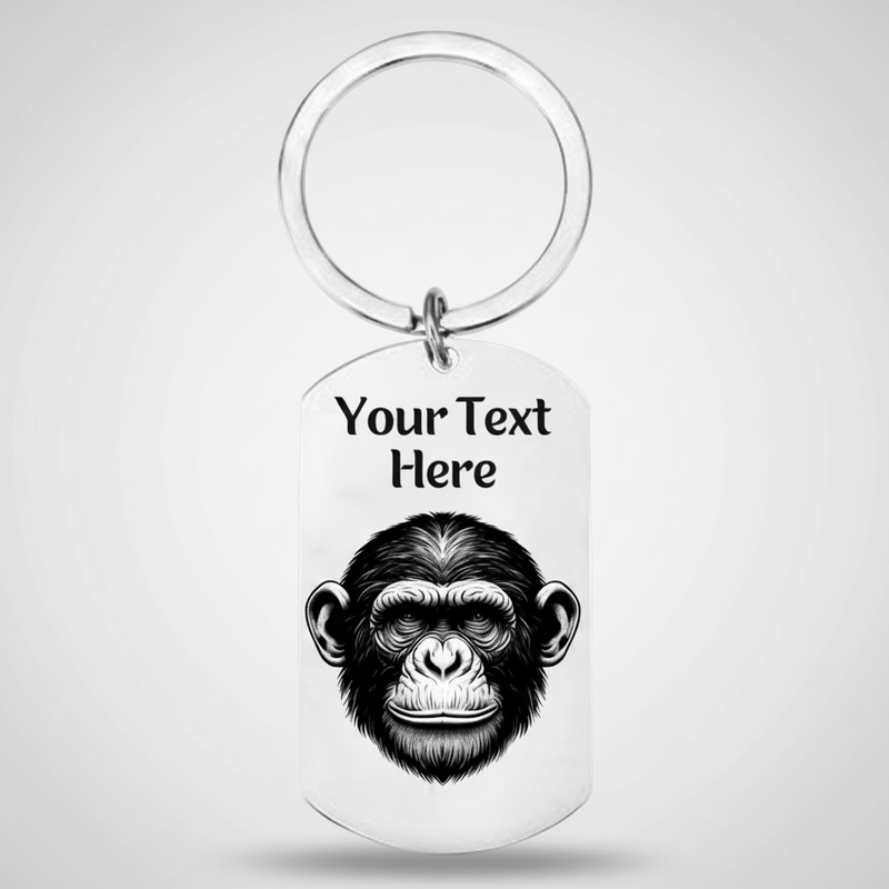 Chimp Keyring – Personalised Stainless Steel Monkey Design with Custom Front & Back Text First Glass Designs
