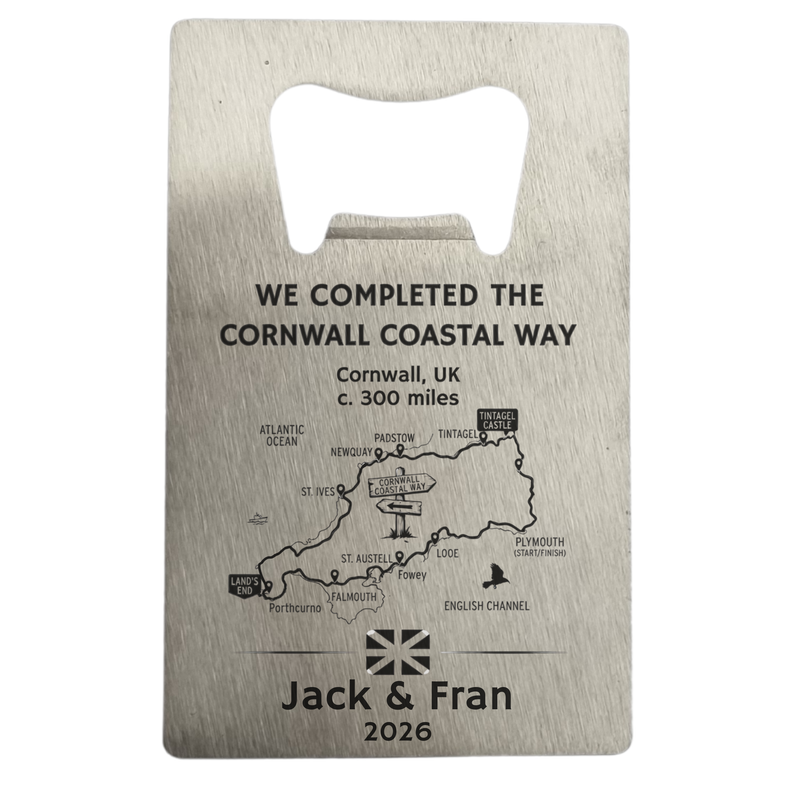 Personalised Cornwall Coast Path Completion Bottle Opener First Glass Designs