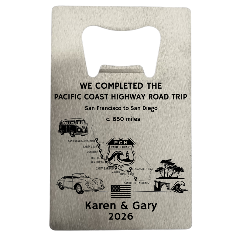 Personalised Pacific Coast Highway bottle opener with laser engraved route map