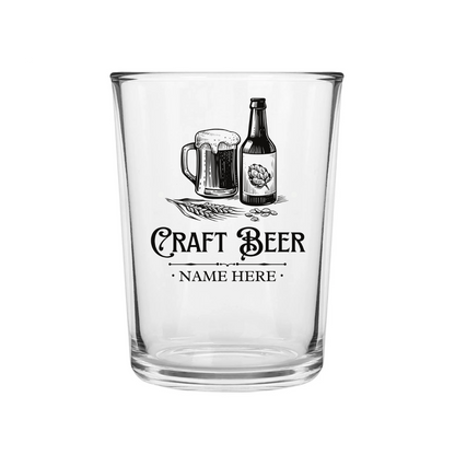 Clear glass mug with black and white illustration of a beer bottle and mug, and 'Craft Beer' text.