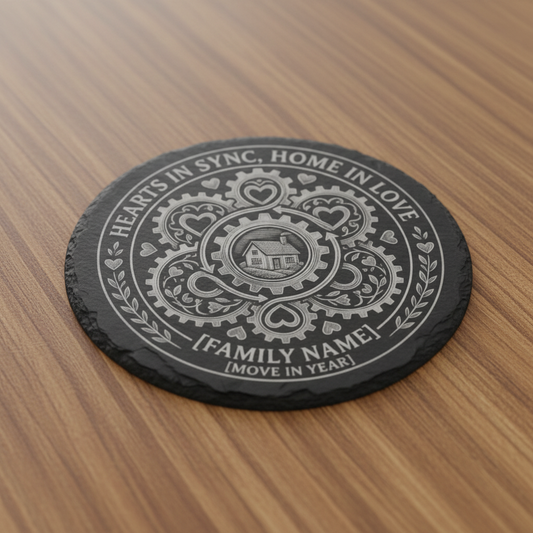 Custom family name and year personalised slate coaster, thoughtful new home gift for couples
