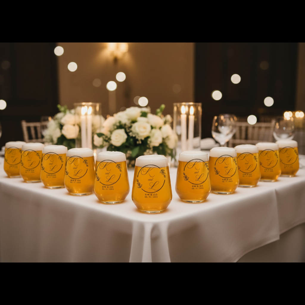 Custom monogram stemless glass with couple's names and date on a wedding reception table, personalised keepsake gift