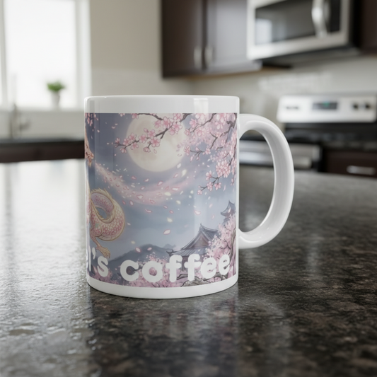 Custom name personalised mug for women with pink dragon print, unique birthday gift for her