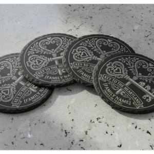 Custom family name and year slate coaster with ornate key design, personalised new home gift for couples