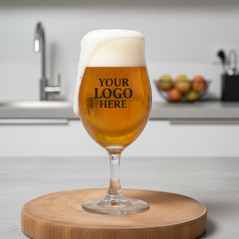 Personalised 1-pint chalice beer glass filled with beer on wooden board in kitchen setting — shown before custom design is applied