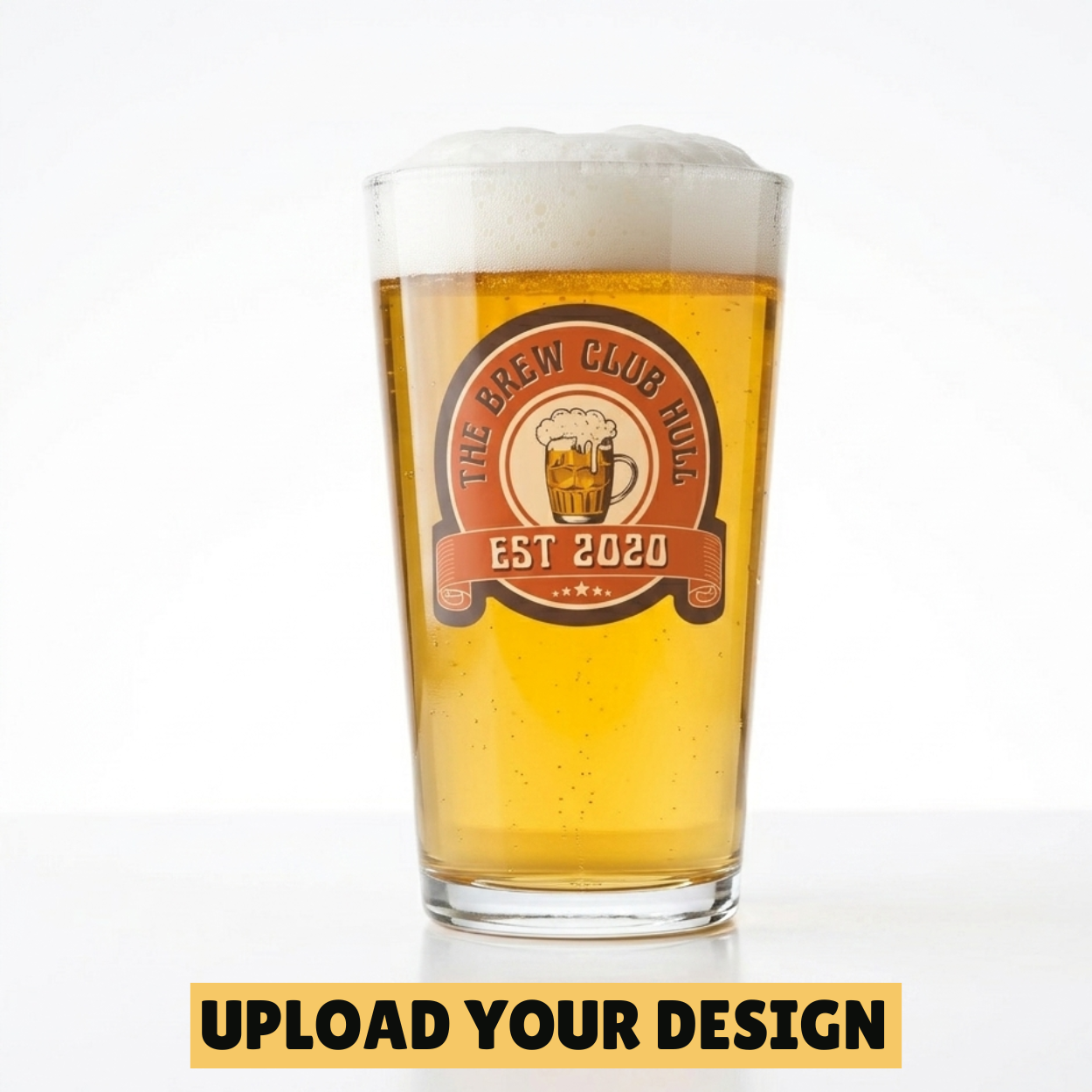 Personalised conical pint glass with custom uploaded hops design filled with golden beer, unique funny beer gift for him