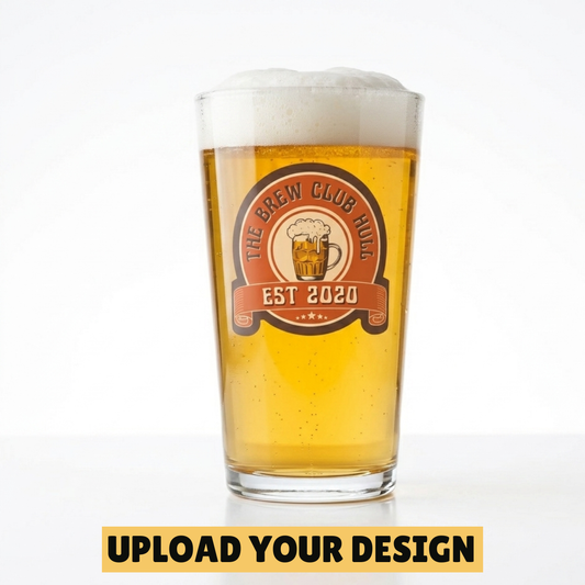 Personalised conical pint glass with custom uploaded hops design filled with golden beer, unique funny beer gift for him