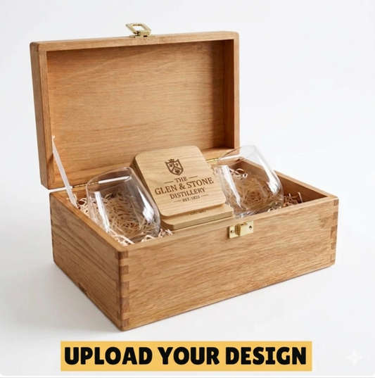 Premium wooden corporate gift box closed, personalised branded gift set with custom logo glasses and coasters