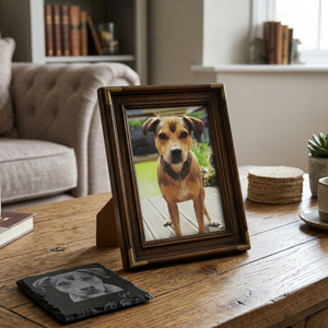 Custom pet portrait of a dog laser engraved onto a slate coaster with a photo of the dog in a photoframe 