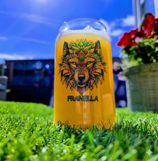 Close up of custom printed full colour mandala wolf design on personalised 475ml beer can glass, upload your own design