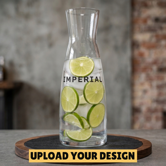 Close up of custom printed text design on personalised glass carafe, upload your own design gift