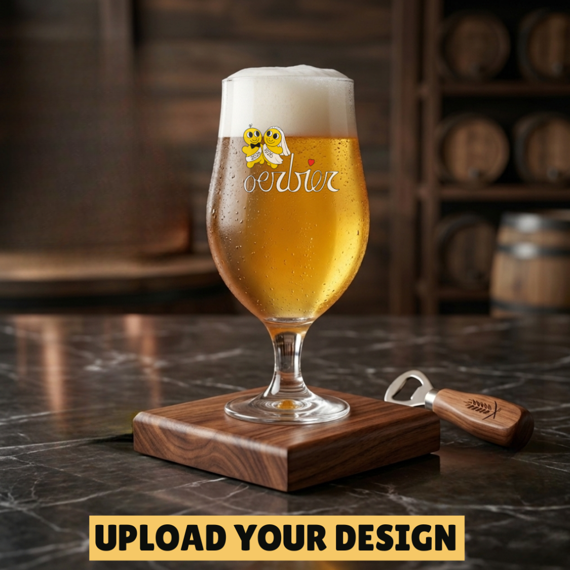 Close up of custom printed wedding bee design on personalised 370ml stemmed tulip beer glass, upload your own design gift