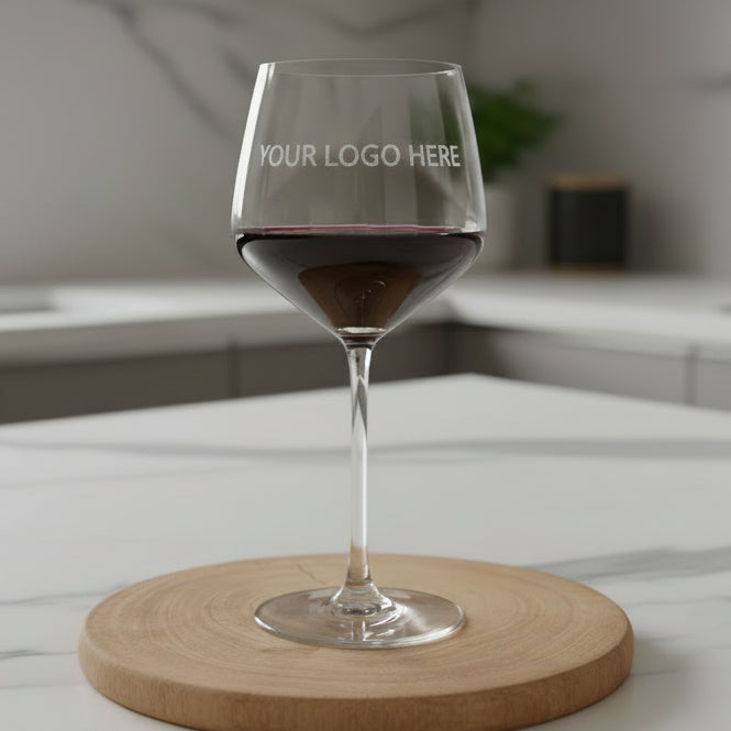 Close up of custom printed wine region design on personalised large stemmed wine glass, upload your own design gift for her