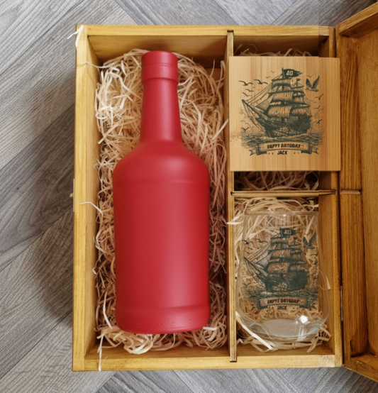 Personalised nautical rum glass with coaster and varnished wooden gift box — full set view
