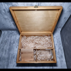 Engraved wooden presentation box with custom glass and two bamboo coasters – unique personalised gift
