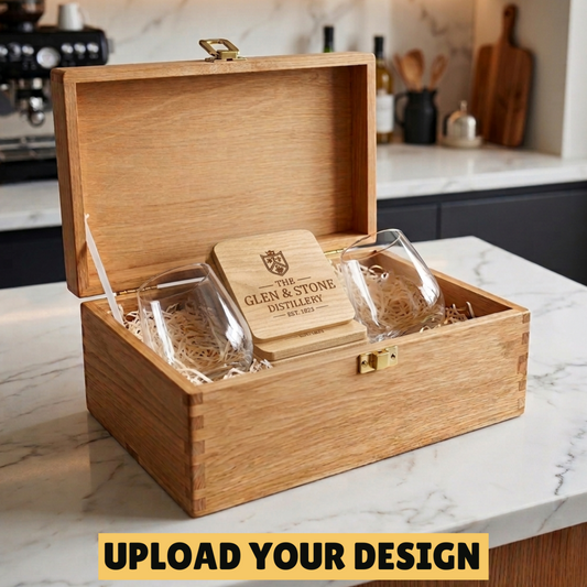 Premium wooden corporate gift box closed, personalised branded gift set with custom logo glasses and coasters